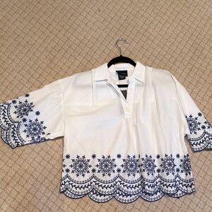 Women's White and Blue Embroidered Top